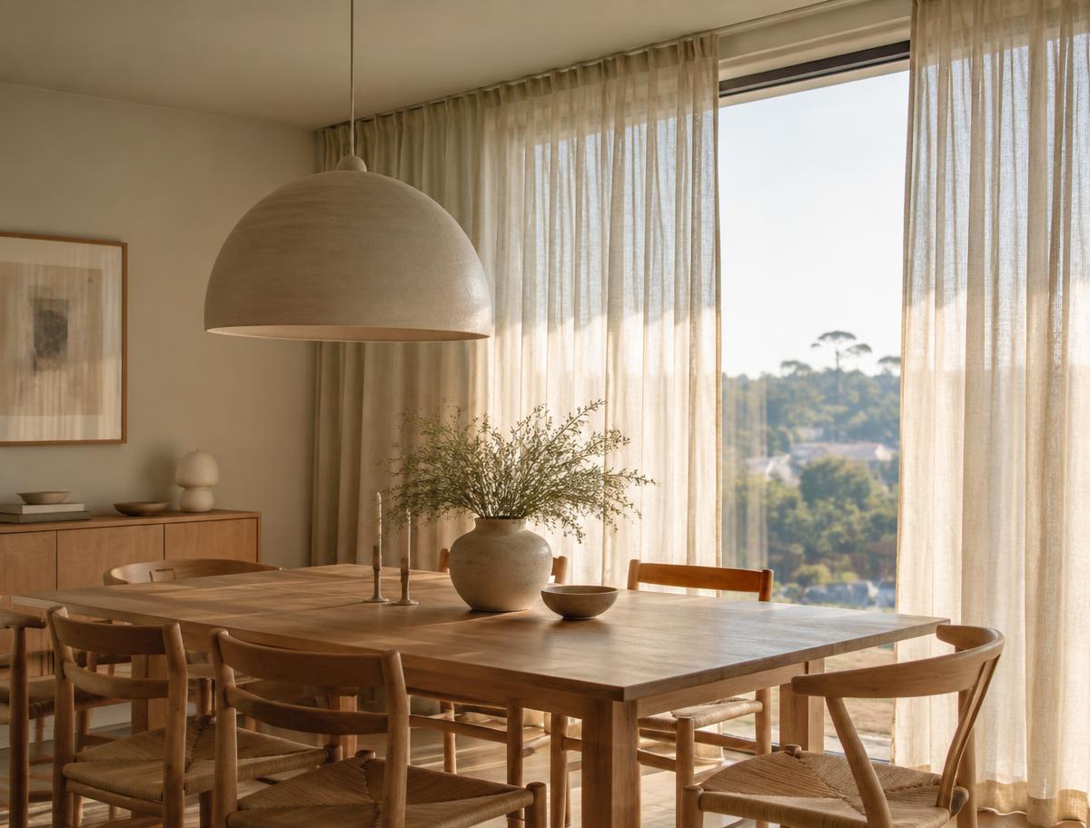 Light curtains by a dining area in a Gothenburg apartment