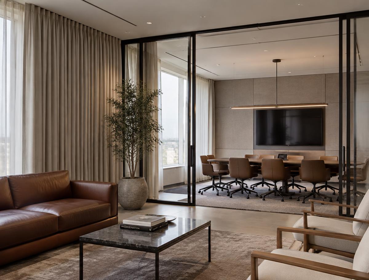 Curtains in a lounge and meeting space in Partille