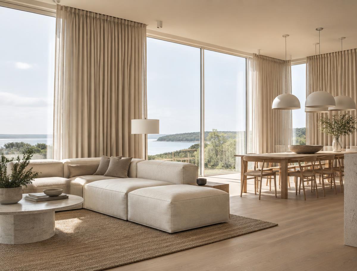 Tall made-to-measure curtains in a modern house in Långedrag