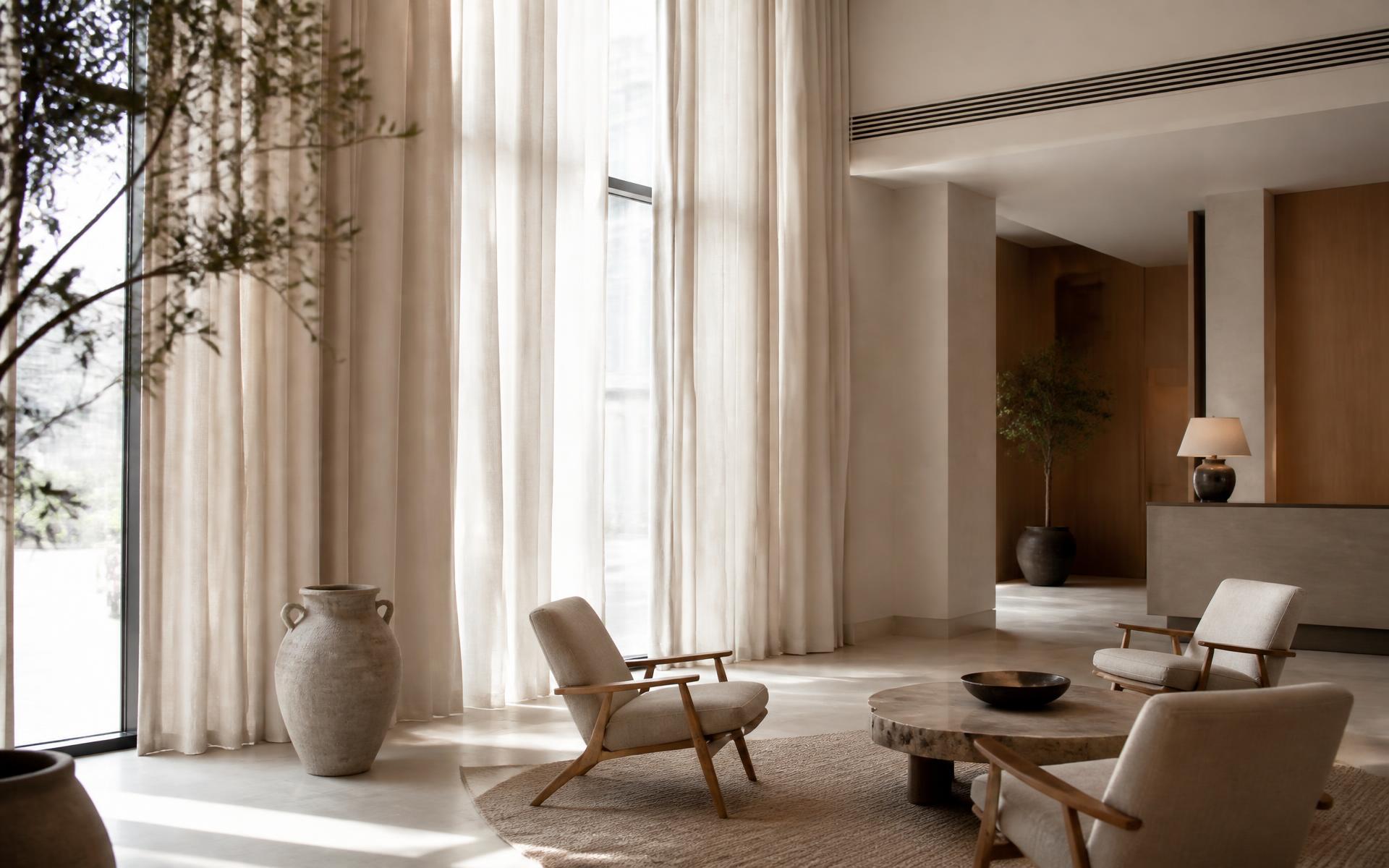 Made-to-measure linen curtains in a modern Scandinavian lobby